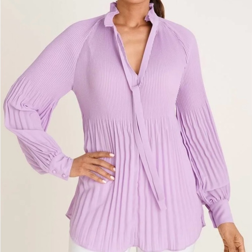 Chico's Lilac Lavender Pleated Tie-Neck Long Sleeve‎ Blouse Womens Size 8/10 L